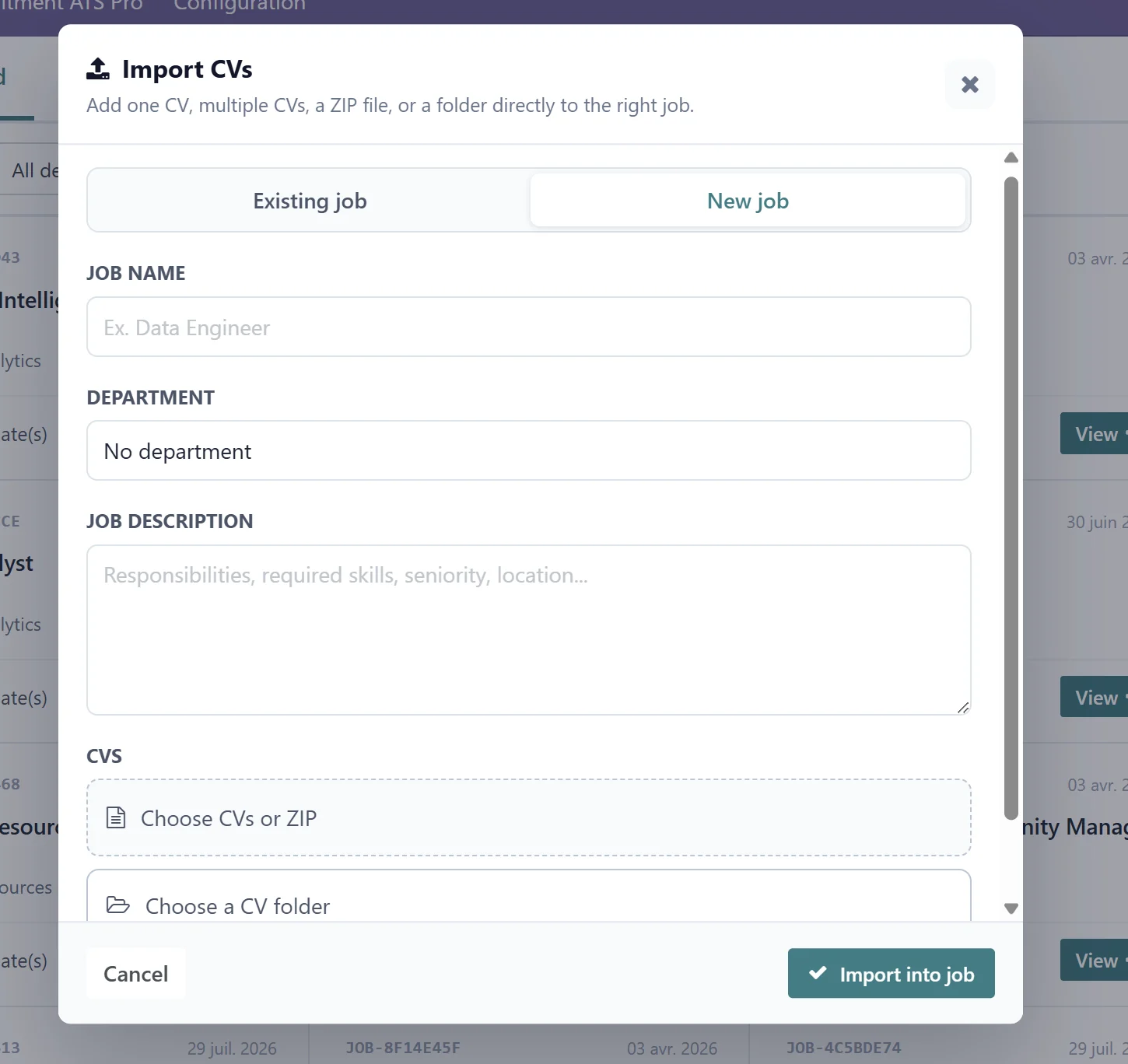 Recruitment ATS Pro: import new job