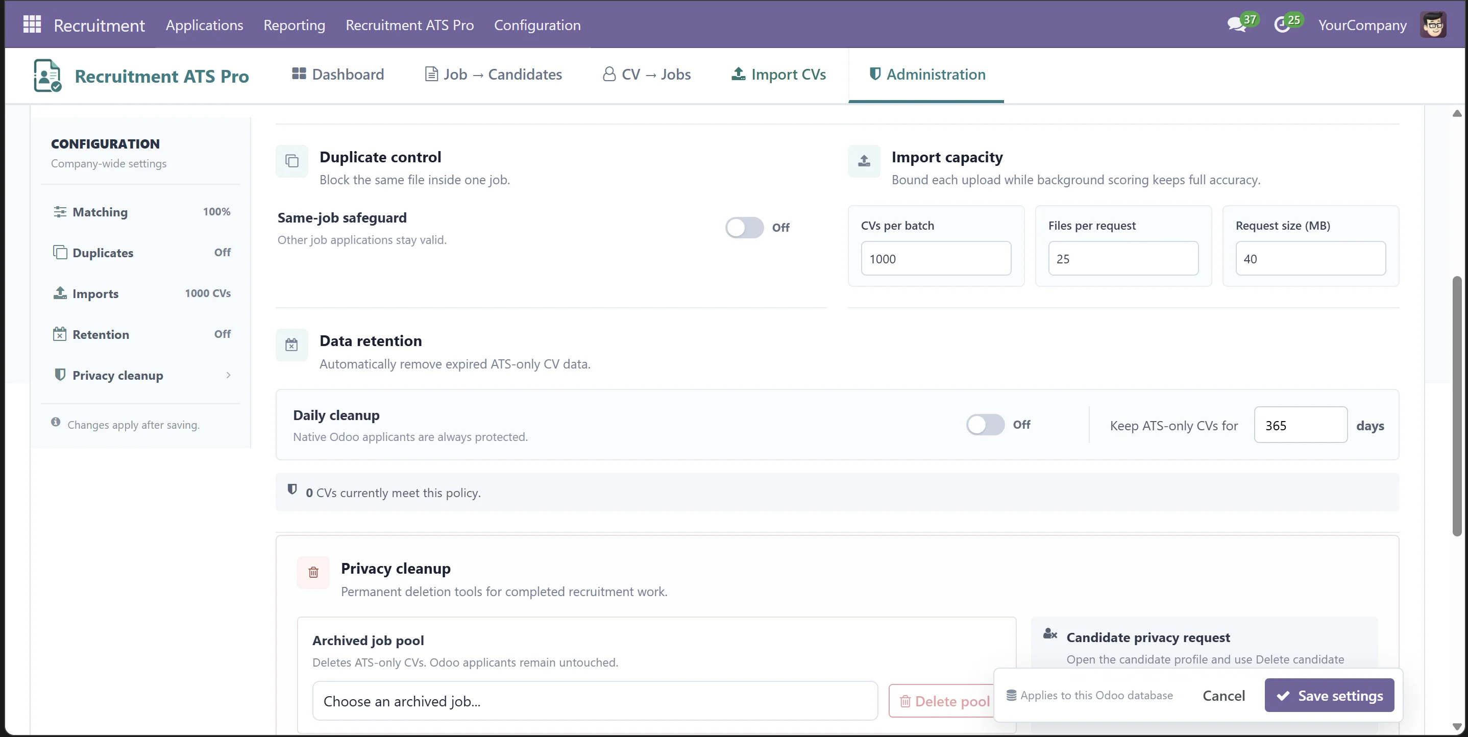 Recruitment ATS Pro: privacy retention